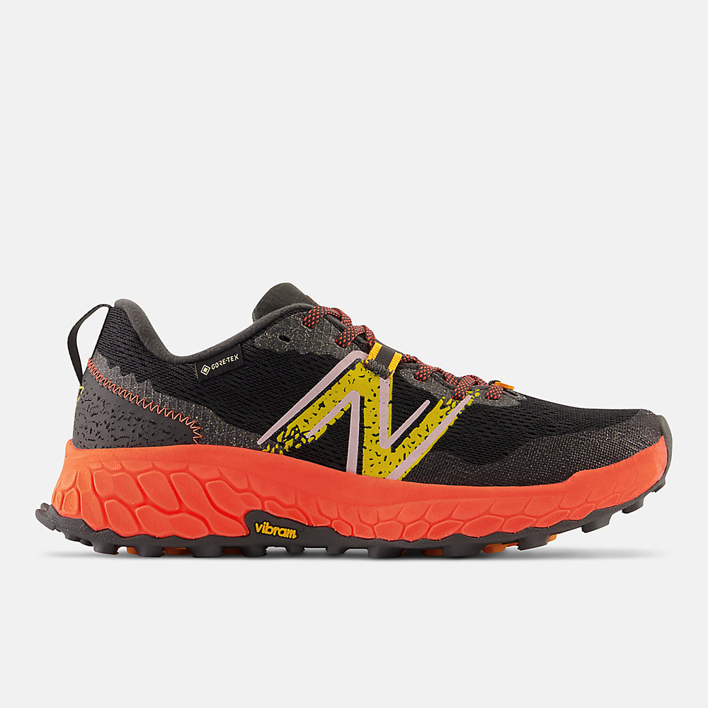 New Balance Fresh Foam X Hierro v7GTX Shoes Blacktop with Neon Dragonfly and Hot Marigold